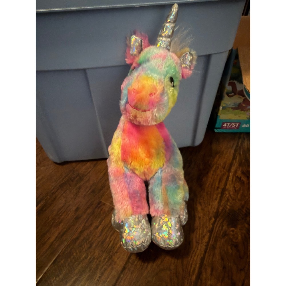 Build A Bear Workshop Rainbow Tie Dye Unicorn Plush Silver Sparkle Horn Hooves